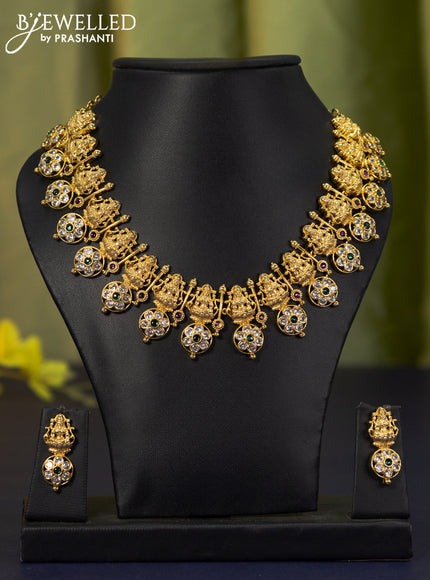 Antique necklace lakshmi design with kemp and cz stones