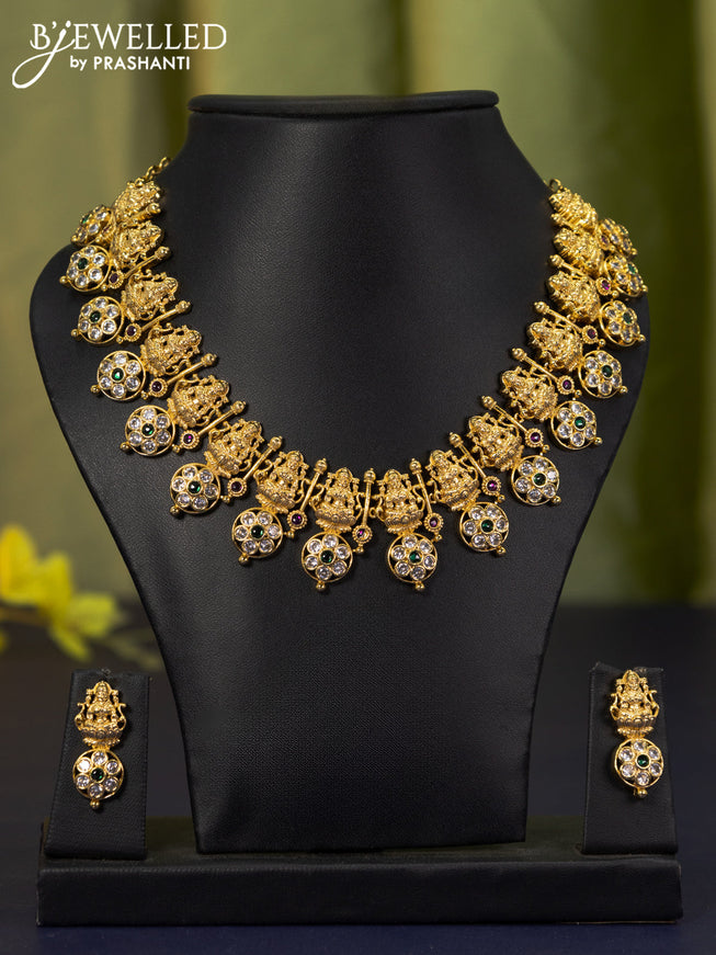 Antique necklace lakshmi design with kemp and cz stones