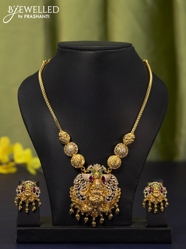 Antique necklace lakshmi design with kemp & cz stones and golden beads hangings