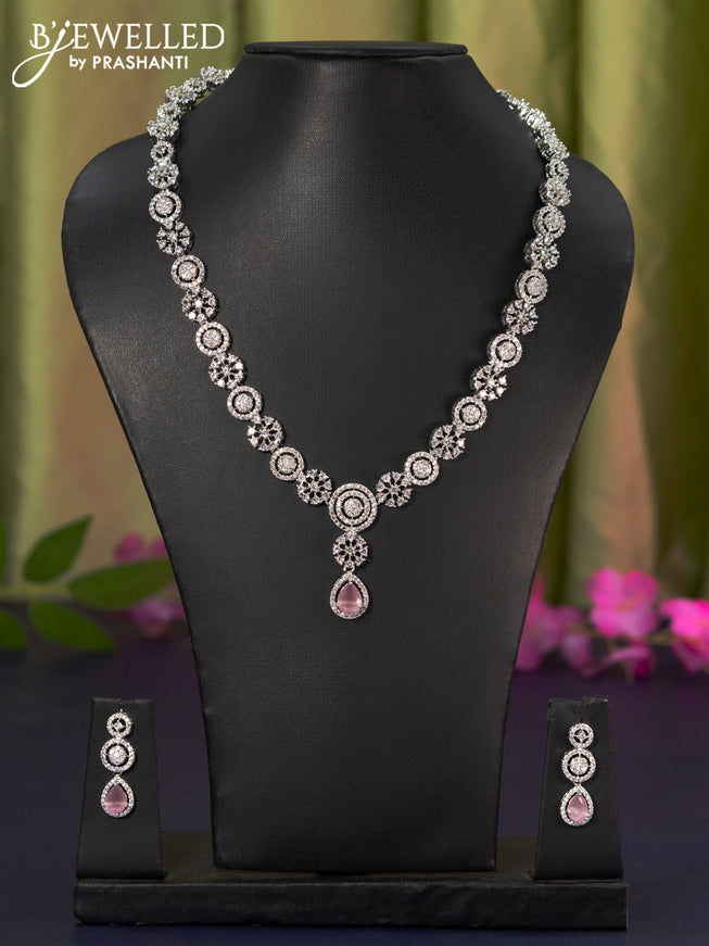 Zircon haaram with baby pink & cz stones and hanging