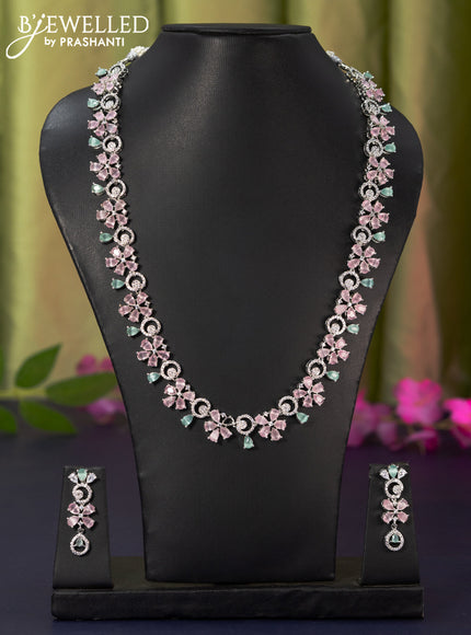 Zircon haaram floral design with mint green & baby pink and cz stones