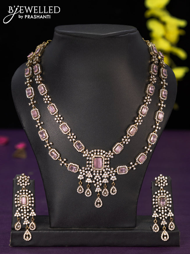 Necklace double layer with baby pink & cz stones and hangings in victorian finish