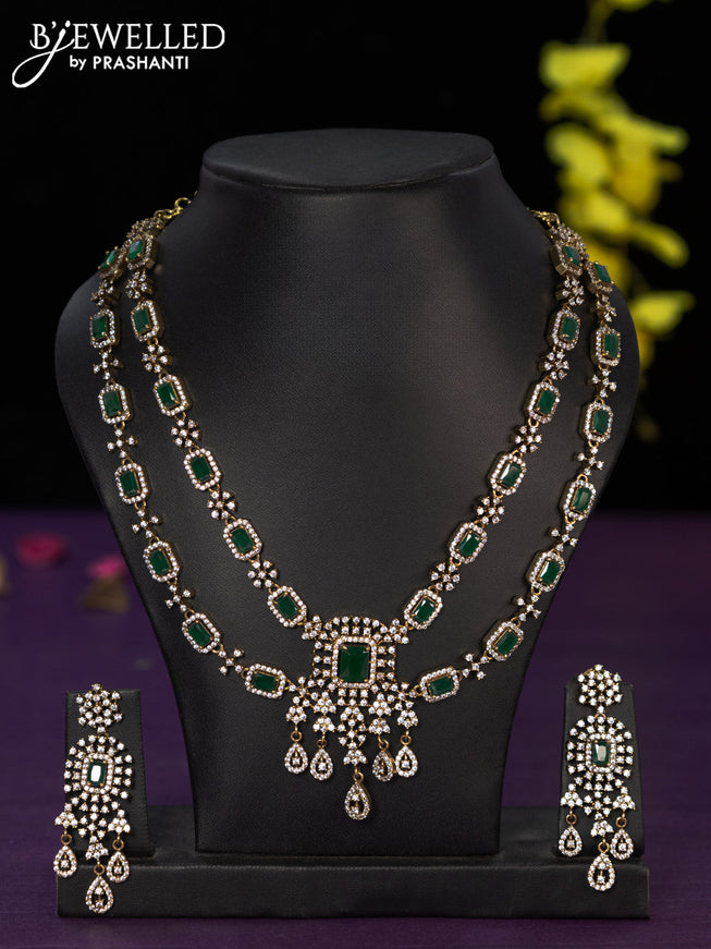 Necklace double layer with emerald & cz stones and hangings in victorian finish