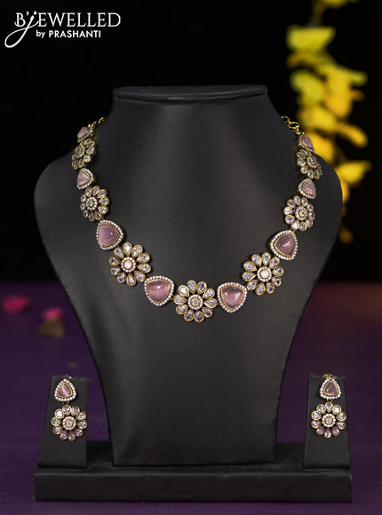 Necklace floral design with baby pink and cz stones in victorian finish