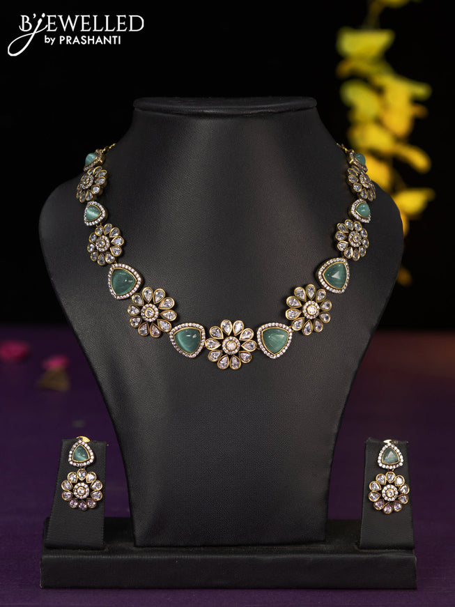 Necklace floral design with mint green and cz stones in victorian finish