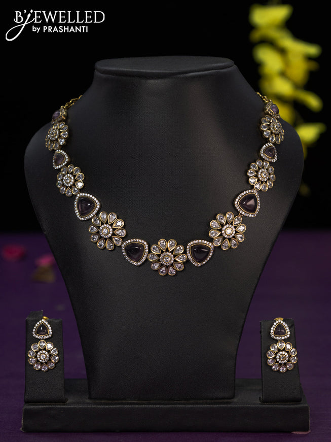 Necklace floral design with violet and cz stones in victorian finish