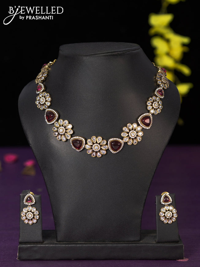 Necklace floral design with ruby and cz stones in victorian finish