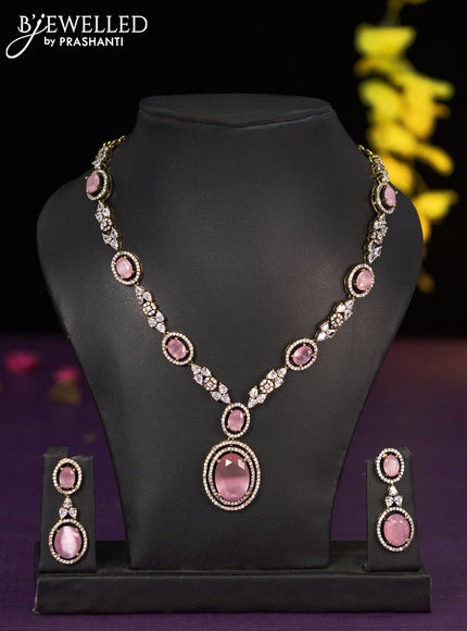 Necklace with baby pink and cz stones in victorian finish