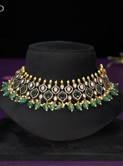 Necklace with emerald & cz stones and beads hangings in victorian finish