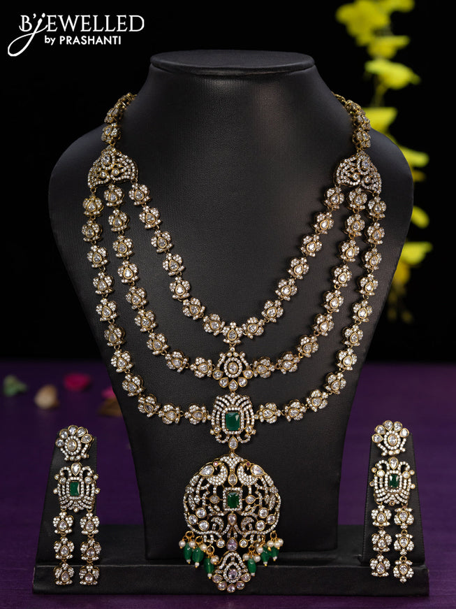 Necklace triple layer with emerald & cz stones and beads hangings in victorian finish