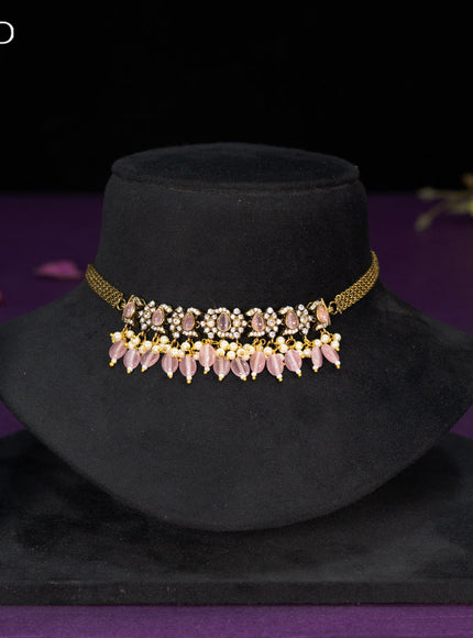 Choker with baby pink & cz stones and beads hangings in victorian finish