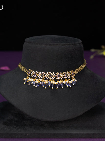 Choker with violet & cz stones and beads hangings in victorian finish