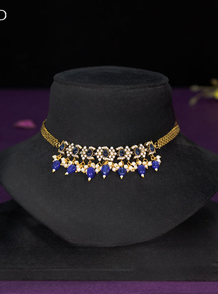 Choker with sapphire & cz stones and beads hangings in victorian finish