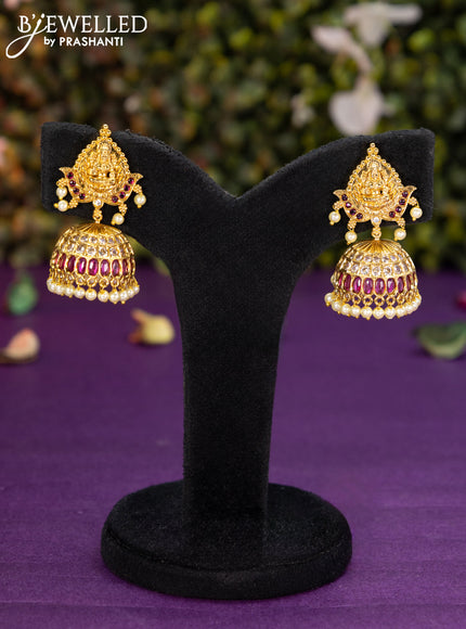 Antique jhumka lakshmi design with pink kemp & cz stones and pearl hangings