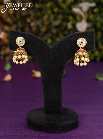 Antique jhumka with pink kemp & cz stones and pearl hangings