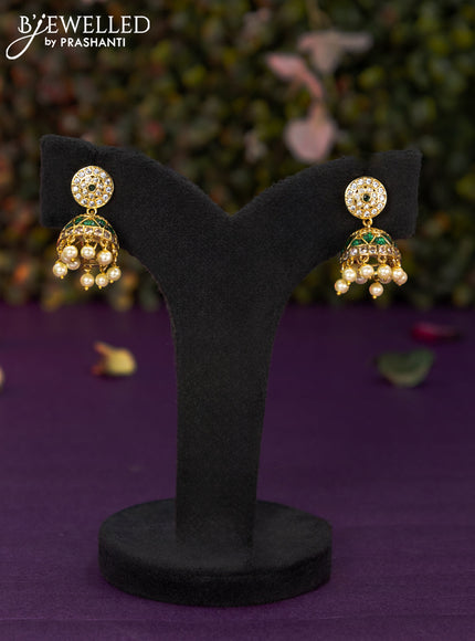 Antique jhumka with emerald & cz stones and pearl hangings