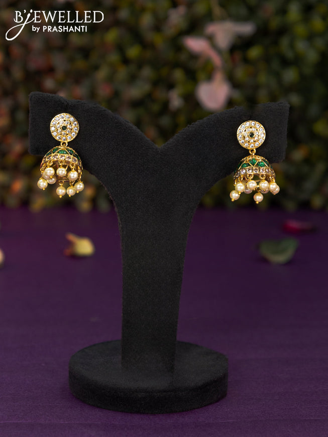 Antique jhumka with emerald & cz stones and pearl hangings