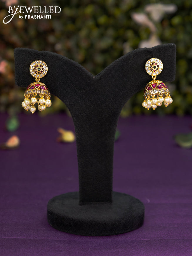 Antique jhumka with kemp & cz stones and pearl hangings