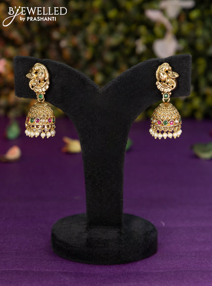 Antique jhumka peacock design with kemp & cz stones pearl hangings