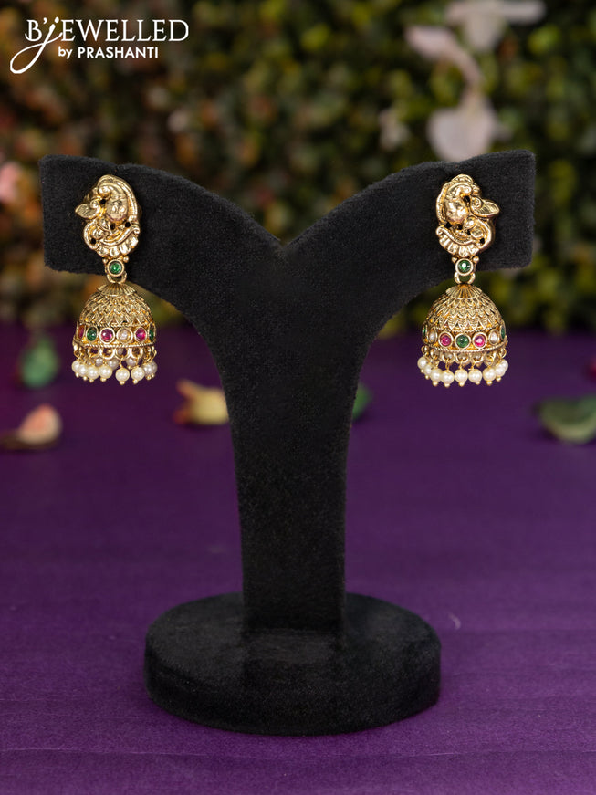 Antique jhumka peacock design with kemp & cz stones pearl hangings