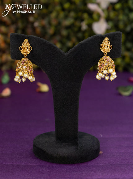 Antique jhumka lakshmi design with pink kemp & cz stones pearl hangings