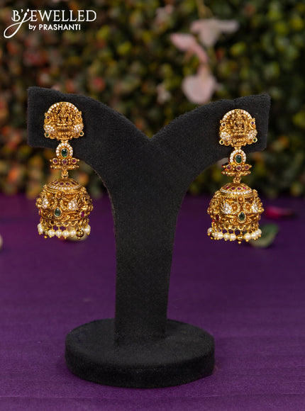 Antique jhumka lakshmi design with kemp & cz stones and pearl hangings