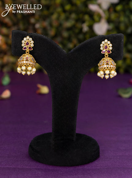 Antique jhumka with pink kemp & cz stones and pearl hangings