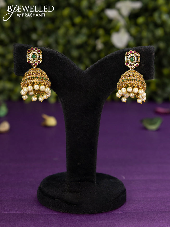 Antique jhumka with kemp & cz stones and pearl hangings