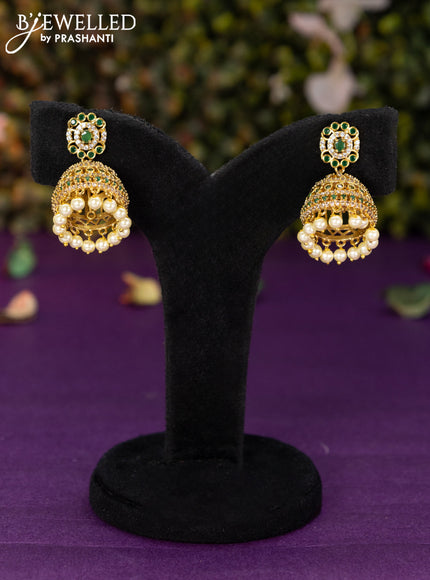 Antique jhumka with emerald & cz stones and pearl hangings