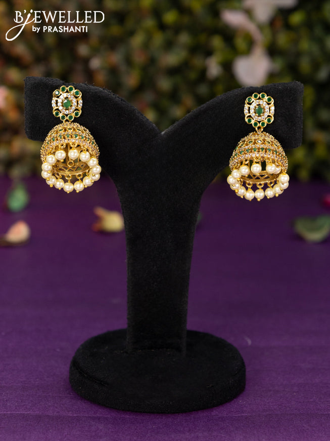 Antique jhumka with emerald & cz stones and pearl hangings