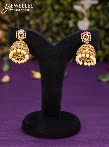 Antique jhumka with pink kemp & cz stones and pearl hangings