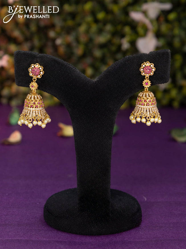 Antique jhumka with pink kemp & cz stones and pearl hangings