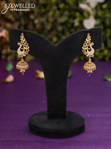 Antique jhumka peacock design with kemp & cz stones hanging