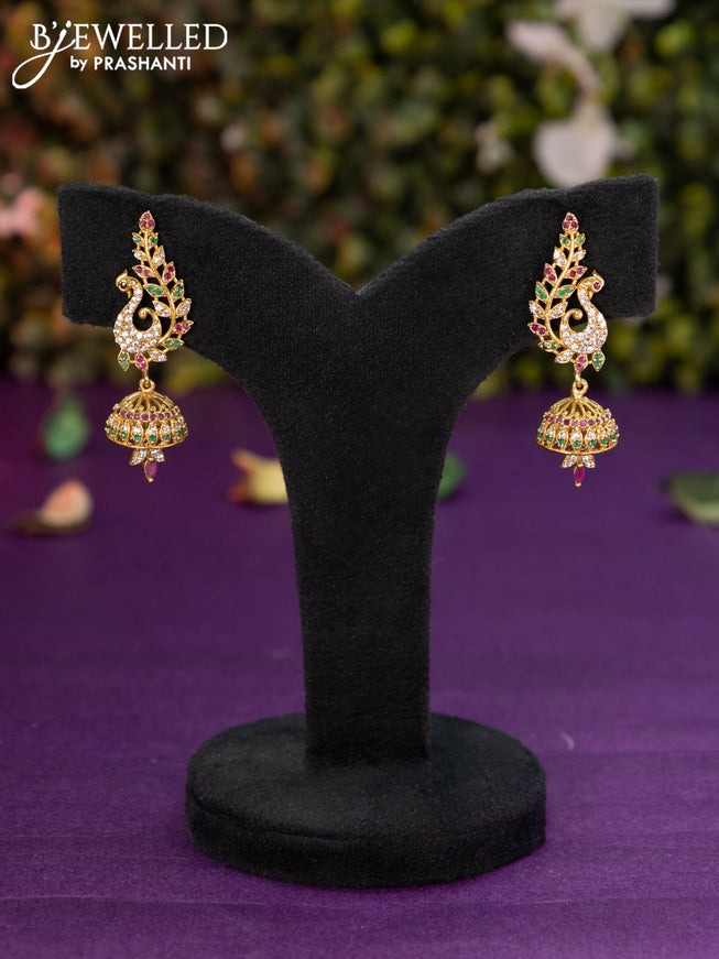 Antique jhumka peacock design with kemp & cz stones hanging