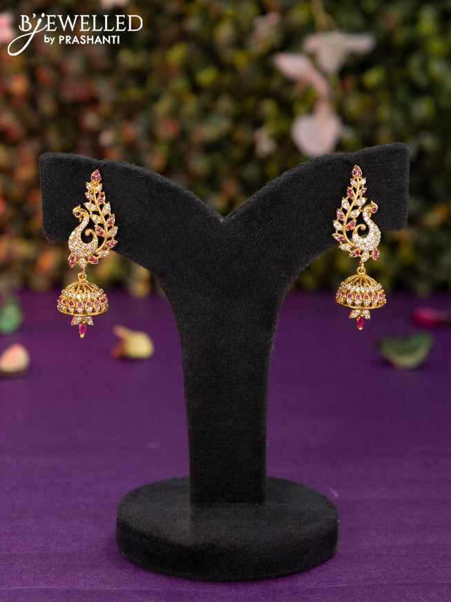 Antique jhumka peacock design with pink kemp & cz stones hanging