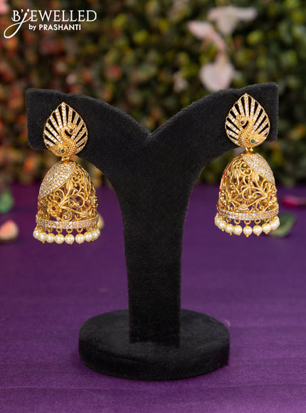 Antique jhumka swan design with kemp & cz stones and pearl hangings