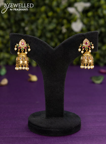 Antique jhumka with kemp & cz stones and pearl hangings