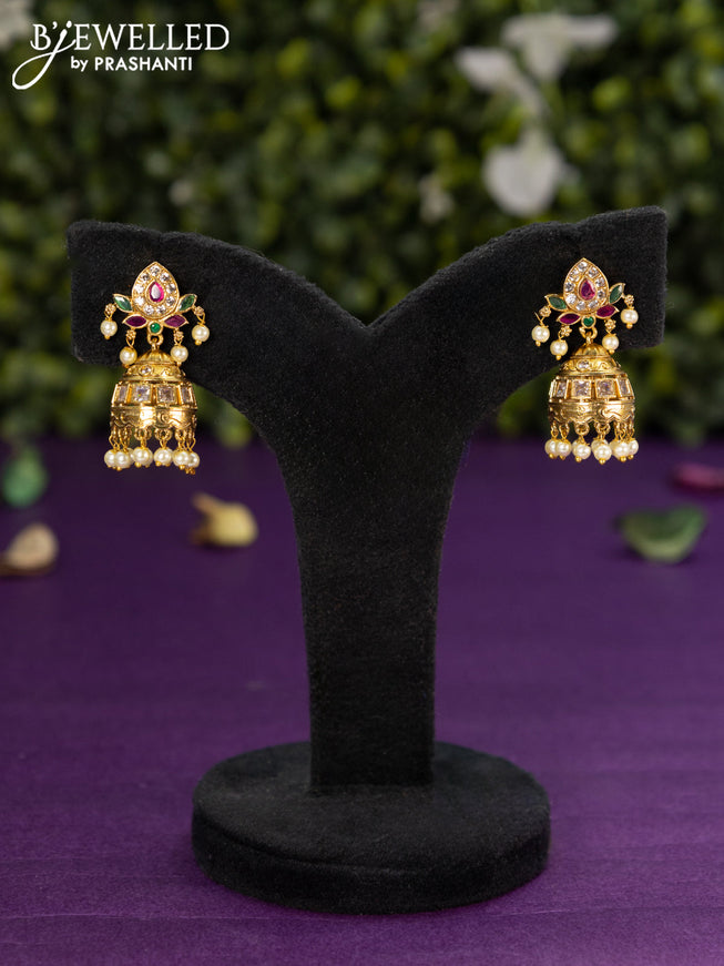 Antique jhumka with kemp & cz stones and pearl hangings