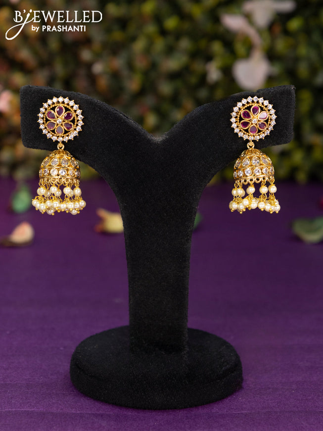 Antique jhumka with pink kemp & cz stones and pearl hangings