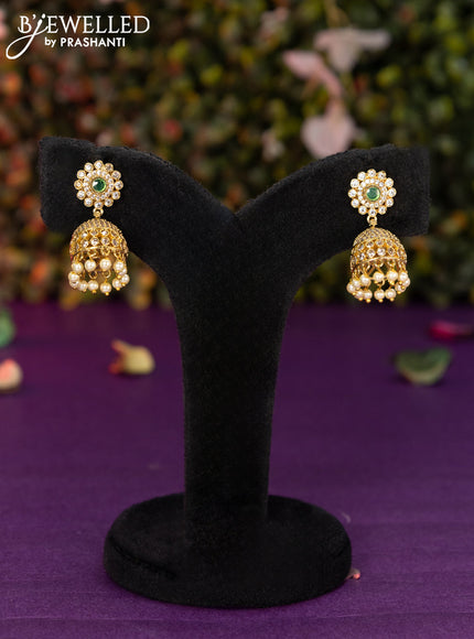 Antique jhumka with emerald & cz stones and pearl hangings