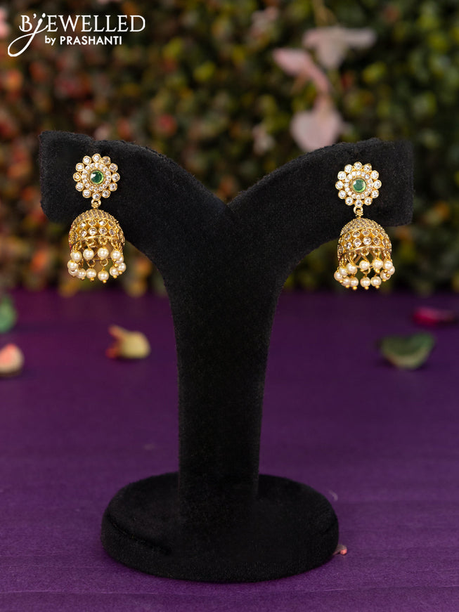 Antique jhumka with emerald & cz stones and pearl hangings