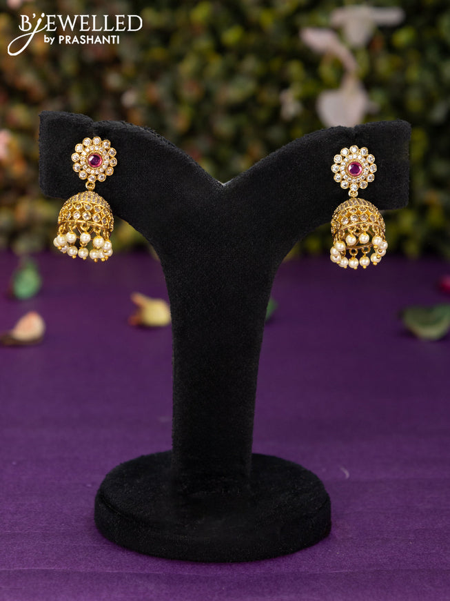 Antique jhumka with pink kemp & cz stones and pearl hangings