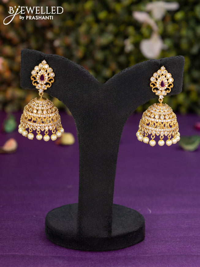 Antique jhumka with pink kemp & cz stones and pearl hangings