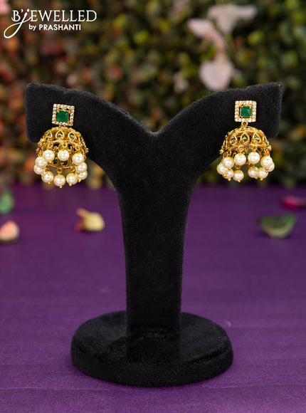 Antique jhumka with emerald & cz stones and pearl hangings