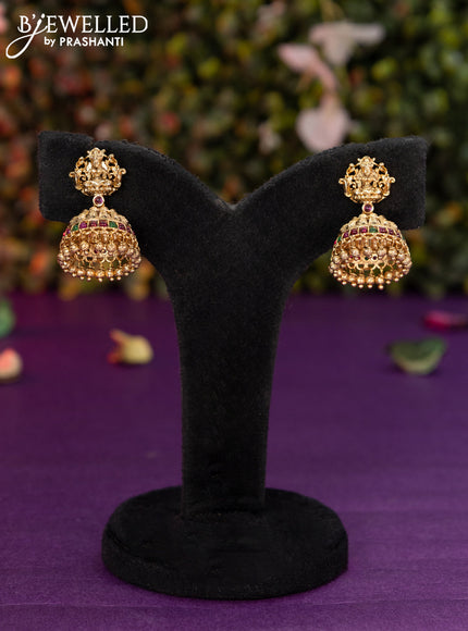 Antique jhumka lakshmi design with kemp stones and golden beads hangings