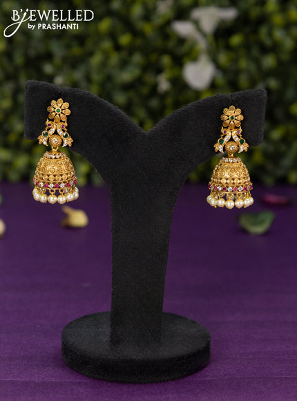 Antique jhumka with kemp & cz stones and pearl hangings