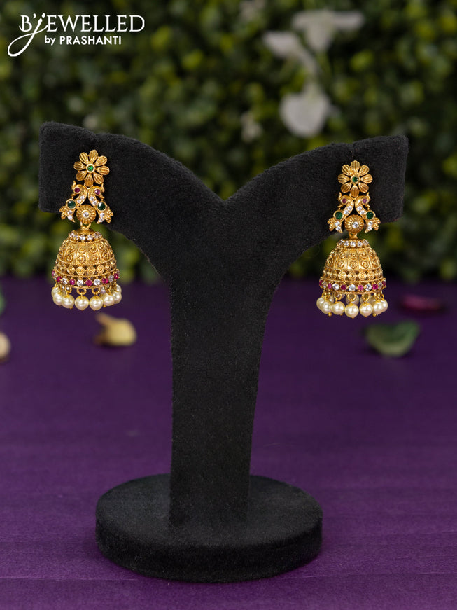 Antique jhumka with kemp & cz stones and pearl hangings