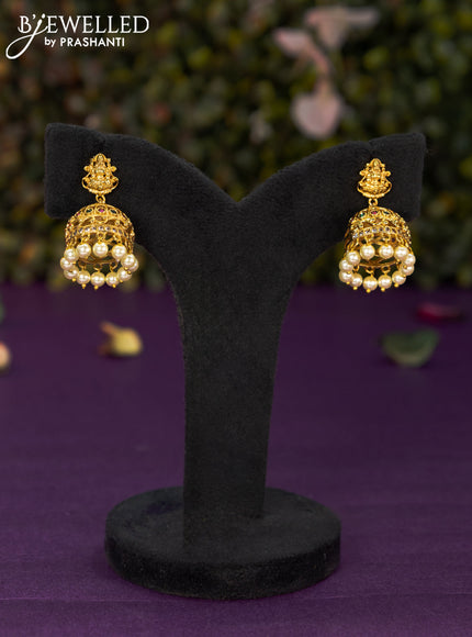 Antique jhumka lakshmi design with kemp & cz stones and pearl hangings