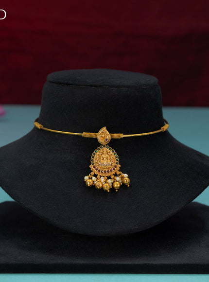 Antique ring type choker lakshmi design with kemp & cz stones and golden beads hangings