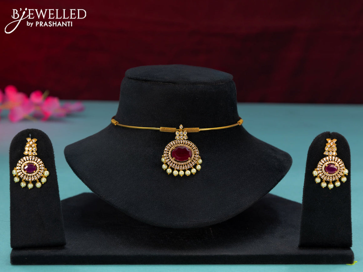 Antique ring type choker with ruby & cz stones and pearl hangings